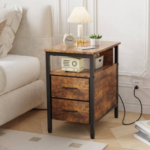 End Table with Charging Station and 2 Fabric Drawers, Vintage Brown  Includes 2 AC outlets, 1 USB port and 1 Type C port with an open shelf for bedside storage in bedrooms and small spaces