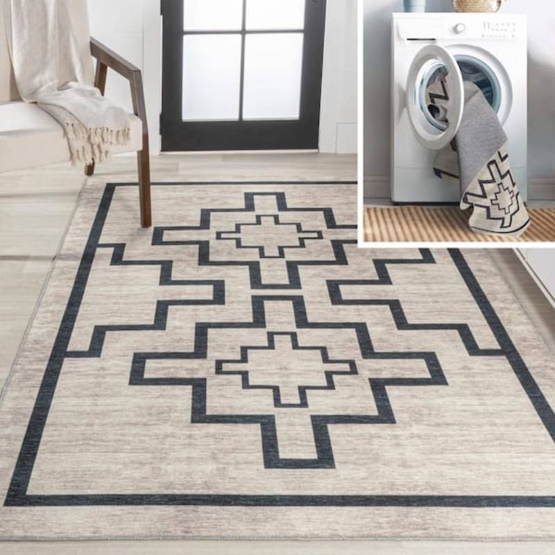 JONATHAN Y Ashkii Minimalist Medallion Machine-Washable IvoryBlack 8 ft. x 10 ft. Area Rug