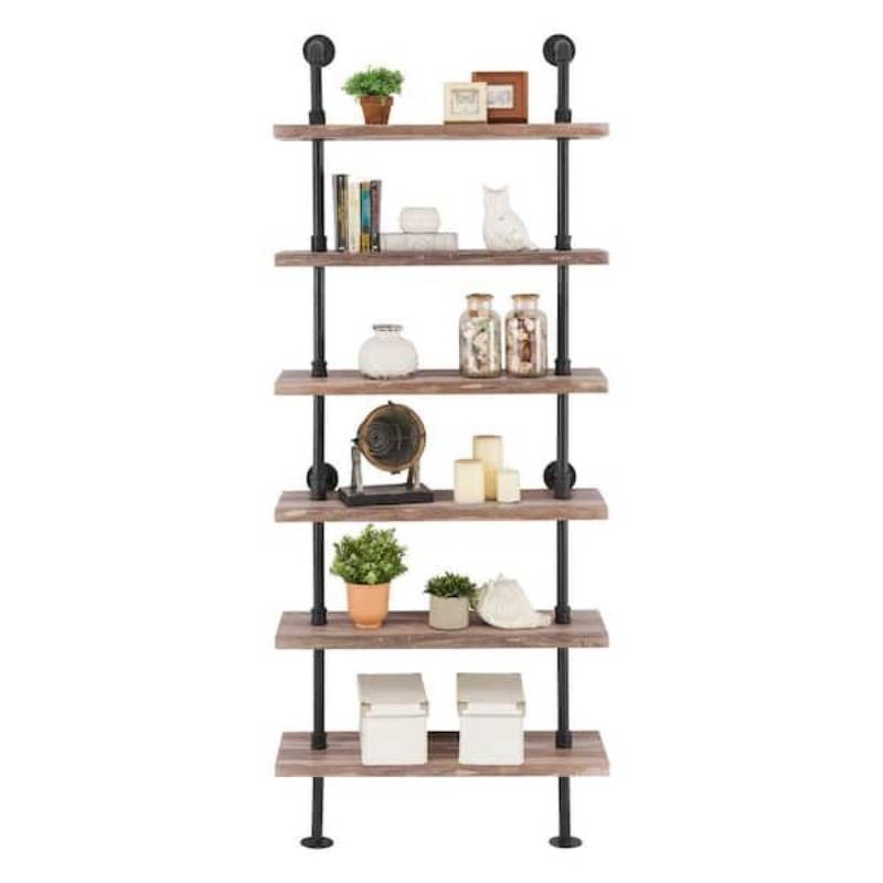 DANYA B 10 in. x 32 in. x 78 6 Tier Brown Distressed Wood Finish Decorative Wall Shelf