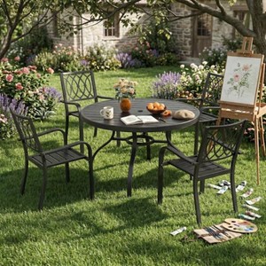 AUTMOON 5-Piece Outdoor Dining Set, Round Wood-Grain Table with Umbrella Hole and 4 Folding Metal Chairs, 350 lbs Capacity