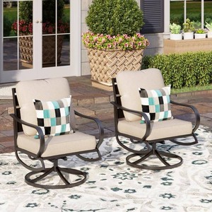 Black Metal Slatted Frame Outdoor Patio Swivel Lounge Chairs With Beige Cushions (2-Pack)