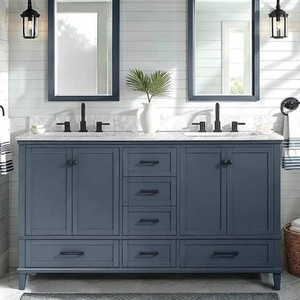 Home Decorators Collection Merryfield 61 in. Double Sink Freestanding Dark Blue-Grey Bath Vanity with White Carrara Marble Top (Assembled)