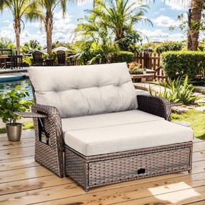 Carlos 2-Person Wicker Outdoor Day Bed Set Patio Loveseat Sofa Set with Adjustable Backrest Beige Cushions
