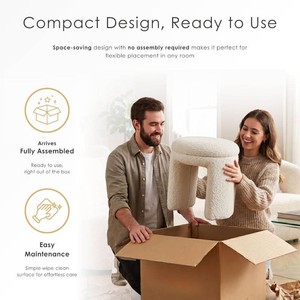 Furniture of America Rami Modern 18-inch Solid Wood Upholstered Ottoman with Pedestal Base, Vanity Stool Chair, Small Foot Stool for Bedroom, Living Room, Entryway, Beige