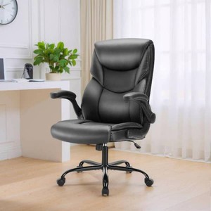 Ergonomic PU Leather Seat High Back Heavy Duty Office Executive Chair in Black with Flip-up Arms