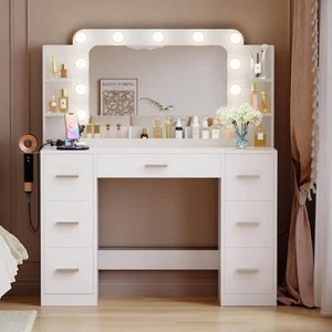 Vanity Desk with Large Lighted Mirror, Power Outlet and 11-Lights, Makeup Vanity Table with 7-Drawers, White