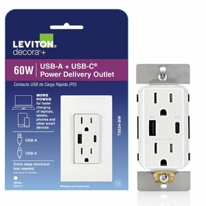 Leviton Decora 15 Amp Tamper Resistant Duplex Outlet with 60W USB-A  USB-C Power Delivery Charger, White - T5634-W