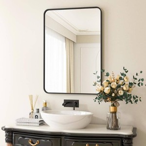 XRAMFY 24 in. W x 36 in. H Rectangular Aluminum Alloy Framed Rounded Black Wall Mirror