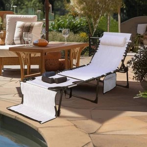 VEIKOUS Folding Chaise Lounge Chair with Pillow and Side Pocket, Fully Reclining Outdoor Chair, Beige