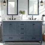 Home Decorators Collection Merryfield 61 in. Double Sink Freestanding Dark Blue-Grey Bath Vanity with White Carrara Marble Top (Assembled)