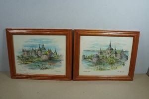 Framed Vintage Watercolor Paintings of Kalmar Castle in Sweden