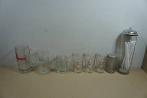 Assorted Vintage Glasses and Straw Canister