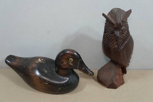 Vintage Carved Wooden Owl and Duck
