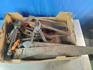Vintage manual woodworking and gardening tools.