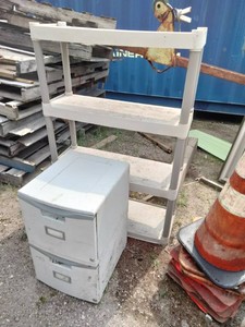 Light-duty, multi-tier plastic storage shelving unit and two-drawer plastic file cabinet