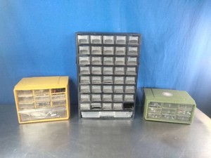 Three multi-drawer plastic hardware and craft storage cabinets