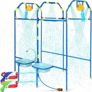 $180 Water Park Sprinkler Toy for Kids, Heavy-Duty Steel Backyard Waterpark Splash Game with Shooting Toys, Splash Buckets, Water Table & Faucets, Water Play Activities Outdoor Summer Fun
