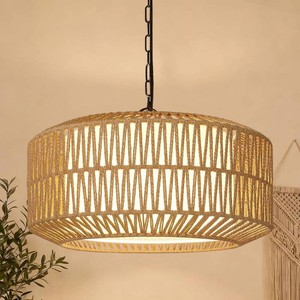 9-52 Height Adjustable Farmhouse Chandelier Light Fixture, 5-Light Rattan Boho Chandeliers for Dining Room, Hand Woven Pendant Light with Linen Shade, Rustic Hanging Lighting for Kitchen Island