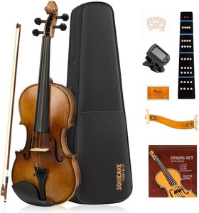 SONICAKE Violin 44 Full Size Set, Fiddle Solidwood for Beginners Adults, Acoustic Violin with Hard Case, Shoulder Rest, Rosin, Bow, Clip-on Tuner and Extra Strings, QVL-01