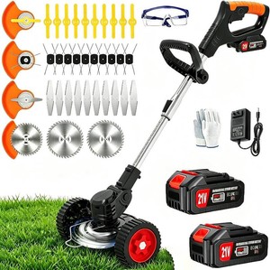 Electric Cordless Weed Wacker with Wheels, 21V Lightweight Weed Eater Battery Powered, 3 in 1 Grass TrimmerBrush CutterLawn EdgerLawn Mower, No String Trimmer Battery Operated for Garden Yard