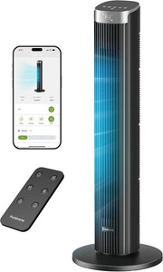 Tower Fan for Bedroom, 23dB, 90 oscillating, Smart Control, Black  4 Modes 4 Speeds up to 25fts that Blow Cold Air, APPVoiceRemoteTouch Control, LED display, 12H Timer, Quiet Fan for Home