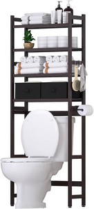 Cozivolife Over The Toilet Bamboo Storage Rack 4-Tier & 2 Baskets (Brown)  Organizer with Paper Holder & 4 Hooks & Waterproof Feet Pad - Adjustable Freestanding Shelf for Bathroom