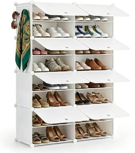 HealSmart Shoe Rack Organizer with Door, 8-Tier Stackable Plastic Shoe Storage Cabinet, Holds Up to 32 Pairs of Footwear, Space Saving Shelving for Entryway, Closet, Hallway & Bedroom, White