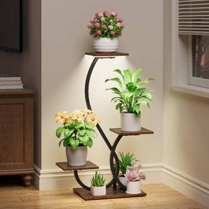 BACEKOLL Plant Stand with Grow Lights 4 Tier Metal Indoor Plant Shelf 32  S-Shaped Corner Plant Stands Indoor, Grow Light Dimmable Timer, 17 Spacing, Anti-tip Straps, Easy Setup, Black Plant Shelves