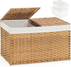 SETVSON Storage Basket with Lid, 2-Lid PE Rattan Storage Bin, Natural  160L Storage Bin with 2 Separate Lids, 2 Removable Liners for Clothes & Blankets, Sturdy Metal Frame, PE Rattan