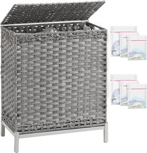 SETVSON Laundry Hamper with Lid, 112 L Handwoven PE Rattan Wicker, Gray  2-Section Large Basket, 2 Removable Liner Bags, Heightened Metal Feet, 6 Mesh Laundry Bags, Foldable Side Handles