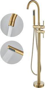 $126 Brushed Gold Freestanding Bathtub Faucet with Hand Shower Tub Filler Faucet Floor Mounted High Flow Single Handle Bath Filler Solid Brass