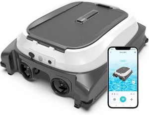 $285 Pleco SK01 Solar Powered Pool Surface Skimmer Robot   APP Controlled, 247 Auto Cleaning, Dual Charging, Obstacle Avoidance, Large Filter, Fits Most Pools (Gray White)