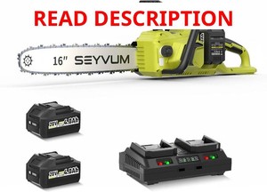$136 SEYVUM Chainsaw 40V Cordless 16 In with 2 x 4.0Ah Battery for Wood Cutting  Electric Chain Saw with Tool-free Chain Tension, Auto Oiling, Heavy-Duty for Tree Felling, Firewood Cutting, Pruning