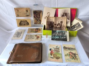 Vintage keepsake box, Photos, Postcards with Stamps