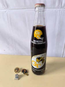 Vintage Georgia Tech Coca-Cola Bottle and 3 Vintage Sports Pins