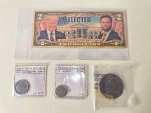 Novelty Trump $2 bill-plus 3 coins