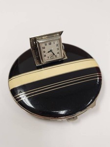 Vintage Art Deco Pop-Up Clock Powder Compact Black Enamel Stripe 1930s