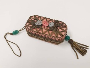 Vintage 1920s Pink Satin Gold Lace Vanity Compact Box with Tassel Puffs