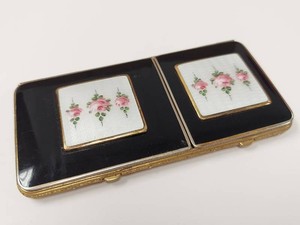 Bliss Bros Art Deco Guilloche Enamel Compact Cigarette Vanity Case Roses