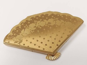 Vintage Henriette Gold Tone Fan Shaped Powder Compact with Original Puff
