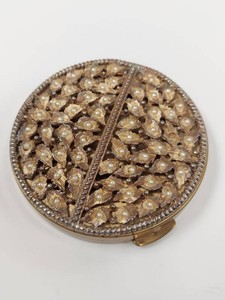 Vintage Goldtone Filigree Leaf Faux Pearl Powder Compact