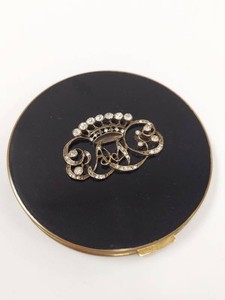 Vintage Alexandra de Markoff Black Enamel Rhinestone Crown Compact