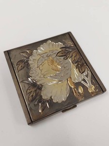 Vintage Japanese Damascene Signed Peony Powder Compact with Puff