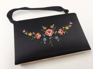 Vintage Minois France Embroidered Black Satin Vanity Purse Compact Clutch