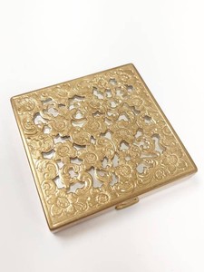 Vintage Coty Gold Tone Filigree Square Powder Compact with Folding Mirror