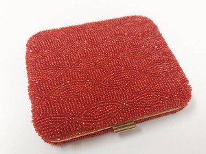 Vintage French Red Beaded Powder Compact Mirror Mid-Century Approx. 3in