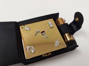 Vintage Ciner Goldtone Cocktail Barware Compact Lipstick Set with Satin Case