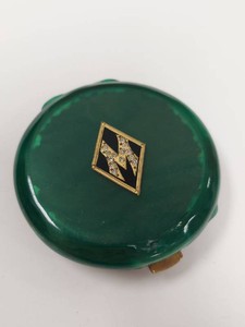 Vintage Coty LOrigan Translucent Green Compact Rhinestone Monogram M