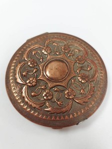 Vintage Copper and Brass Floral Powder Compact with Ostrich Puff