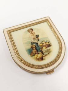 Vintage Enamel Double Compact Shield Shape Boy and Dog Motif